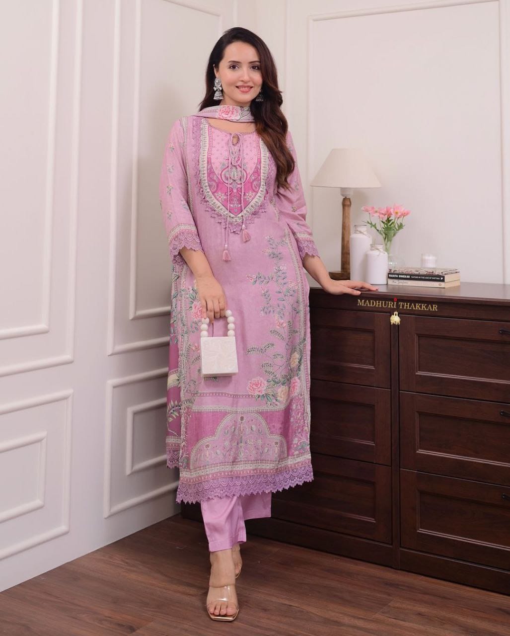 Lavender muslin silk kurta and pent set with printed and hand work dupatta