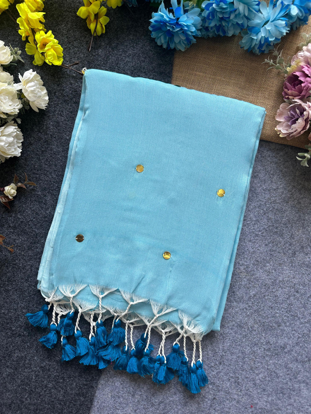 Sky blue plain khadi cotton saree with ginni and fancy tassel work