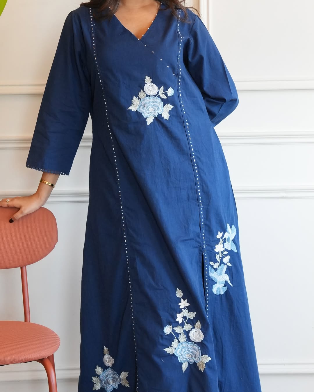 Navy blue linen cotton kurta and pent set with embroidery work