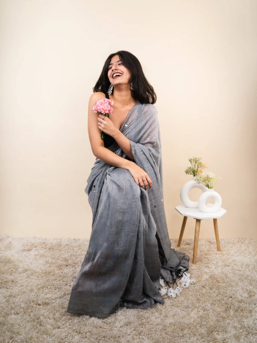 Gray plain khadi cotton saree with ginni and fancy tassel work