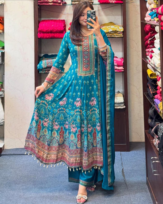 Blue chinon silk mirror and printed work long kurta and pent set with plain dupatta