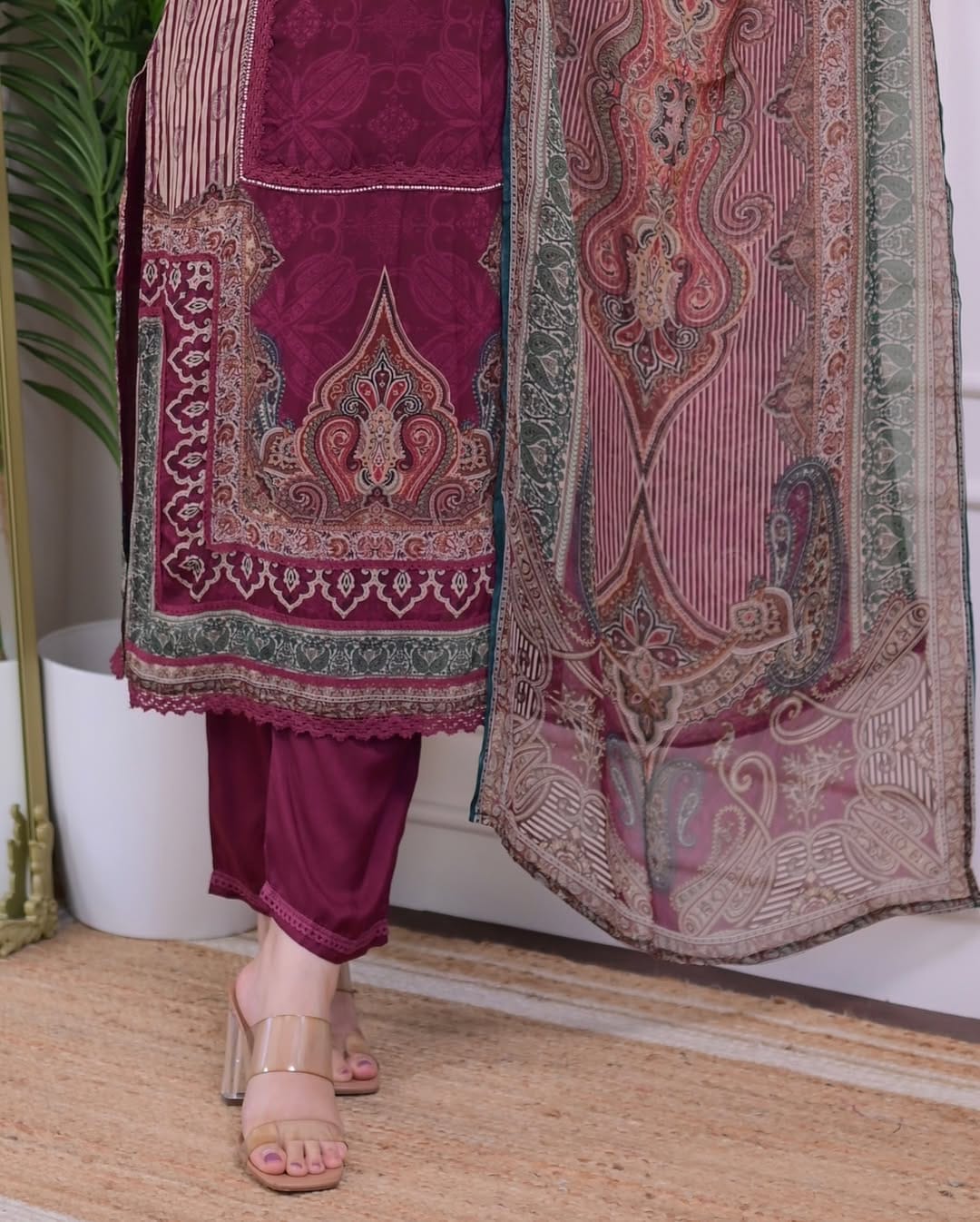 Magenta muslin silk kurta and pent set with digital printed dupatta