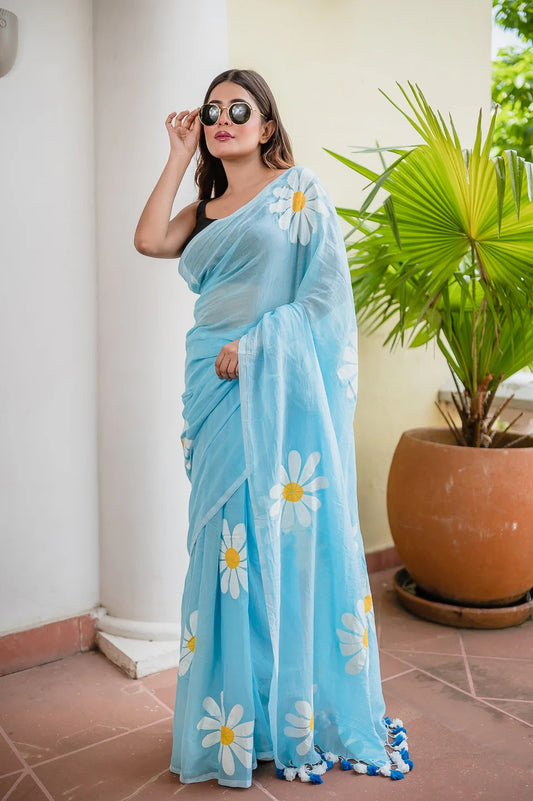 Sky blue fancy khadi cotton saree with flower printed work