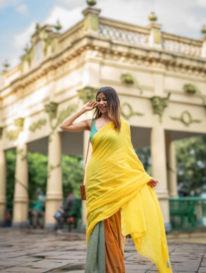 Multi color office wear plain khadi cotton saree