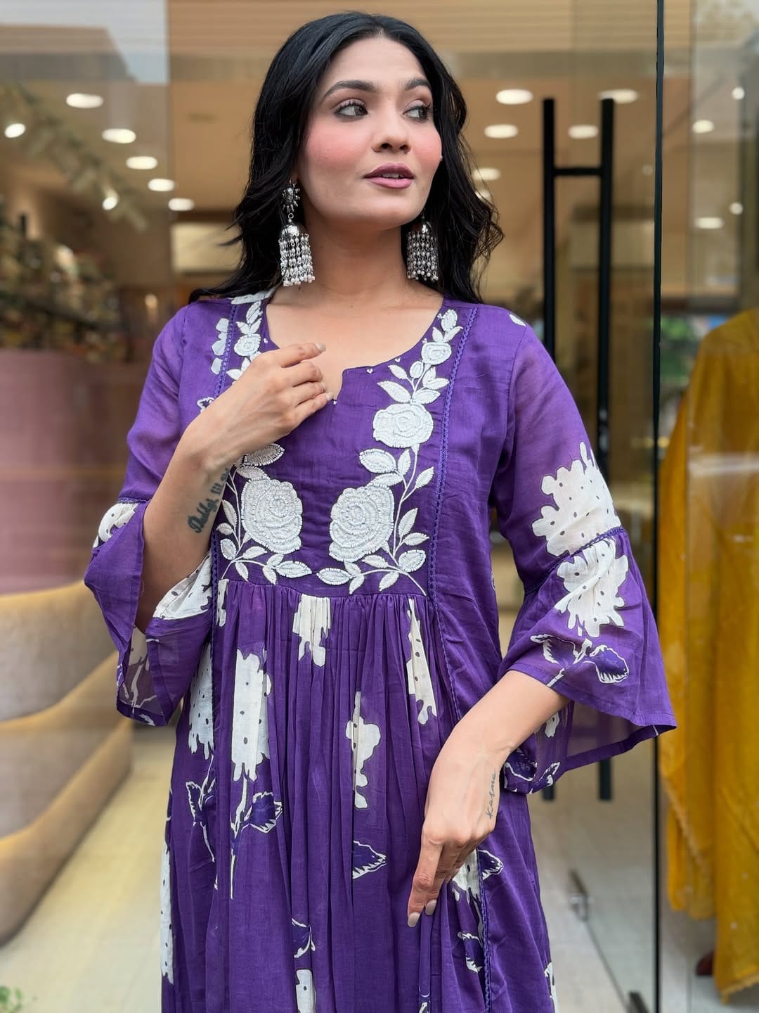 Purple soft mul cotton kurta and pant set with embroidery work dupatta