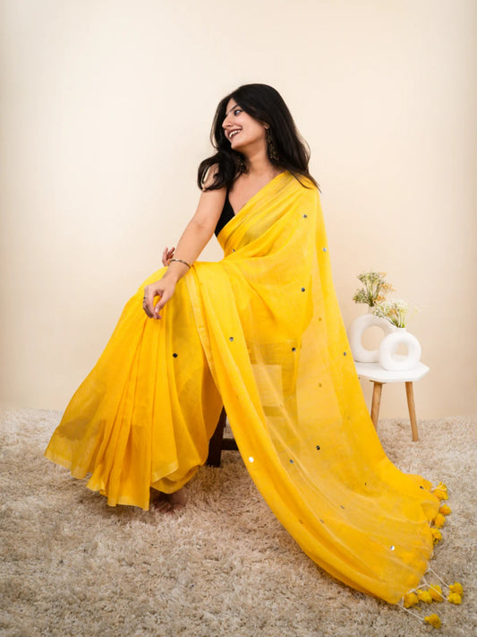 Yellow plain khadi cotton saree with ginni and fancy tassel work