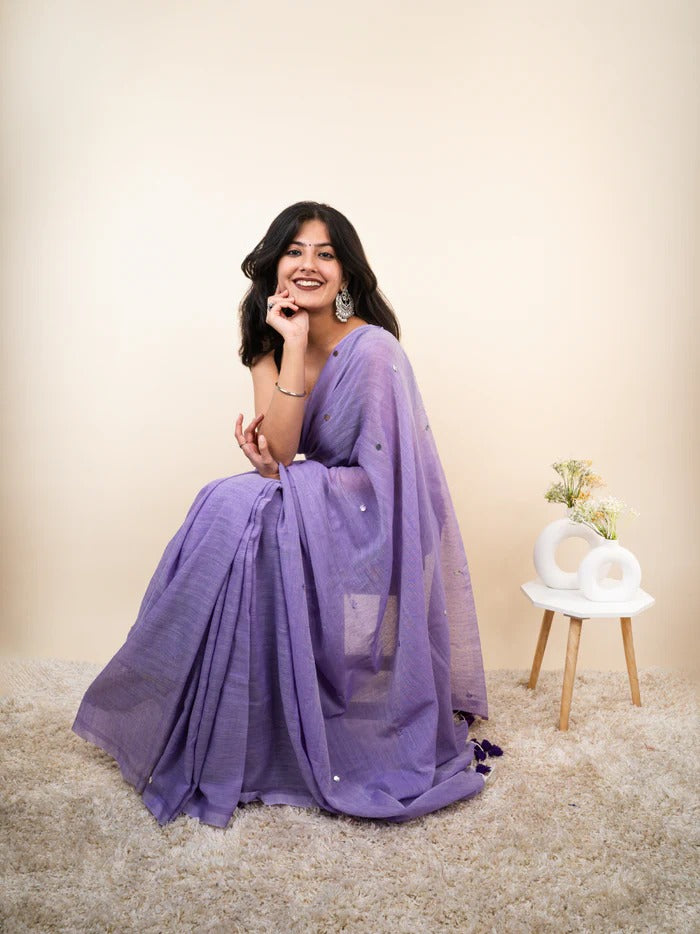 Lavender plain khadi cotton saree with ginni and fancy tassel work