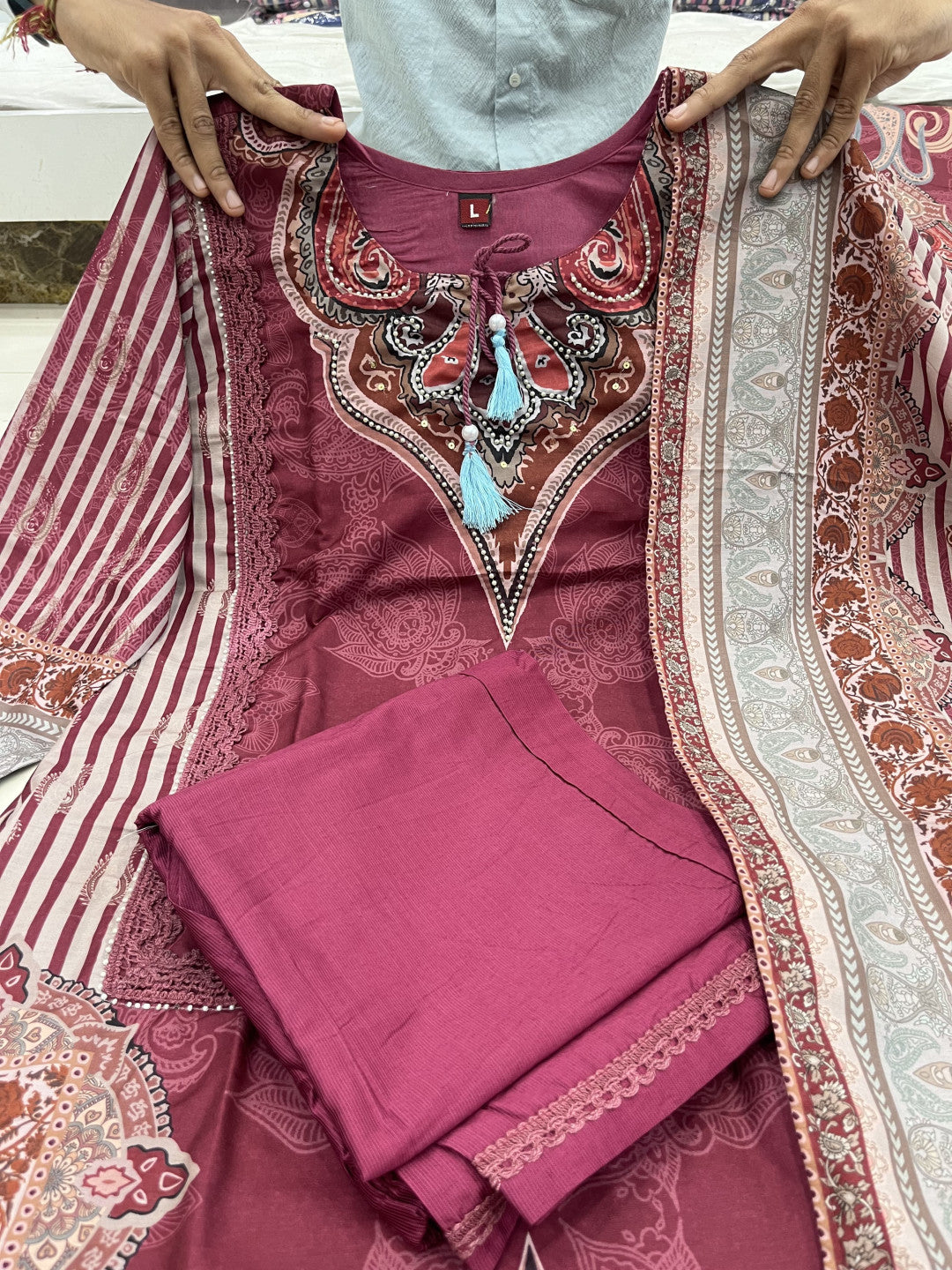 Magenta muslin silk kurta and pent set with digital printed dupatta