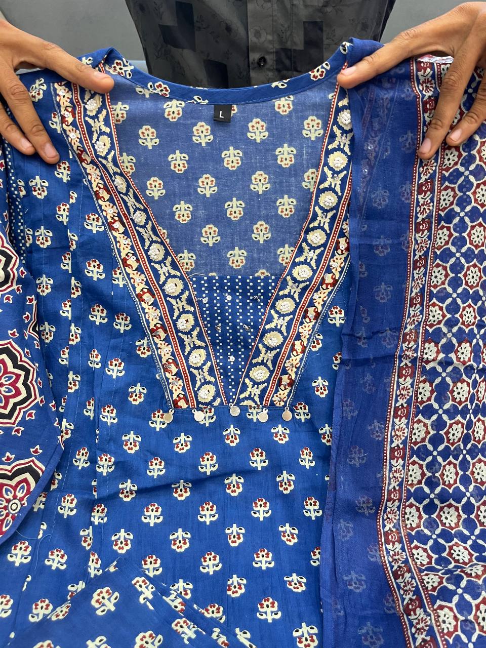 Blue soft mul cotton kurta and pant set with printed work dupatta