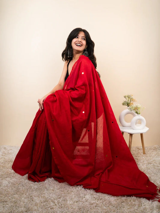 Red plain khadi cotton saree with ginni and fancy tassel work
