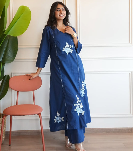 Navy blue linen cotton kurta and pent set with embroidery work
