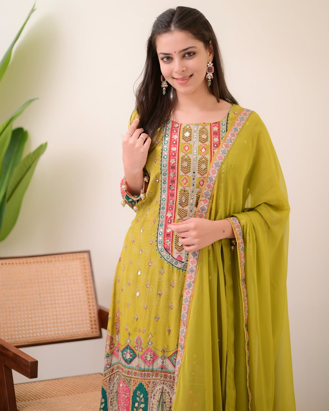 Mahendi green chinon silk kurta palazzo and dupatta set with printed and kodi work