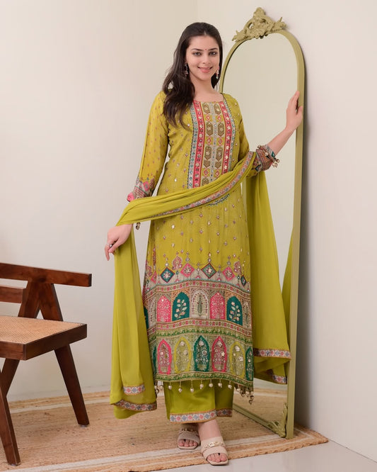 Mahendi green chinon silk kurta palazzo and dupatta set with printed and kodi work