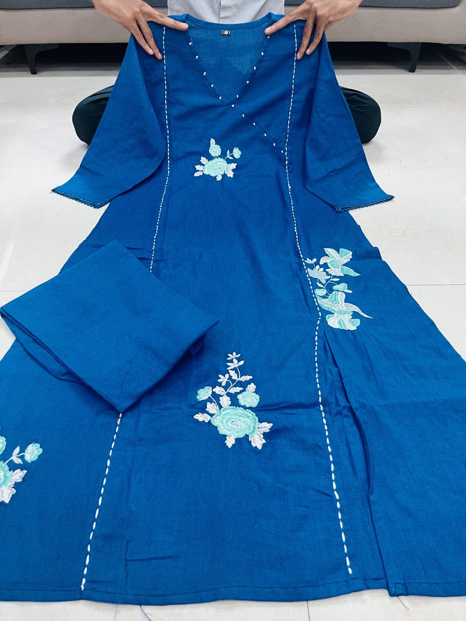 Navy blue linen cotton kurta and pent set with embroidery work