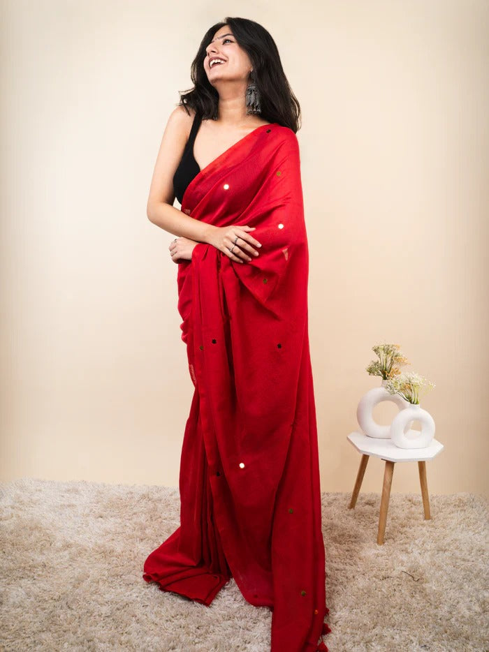 Red plain khadi cotton saree with ginni and fancy tassel work