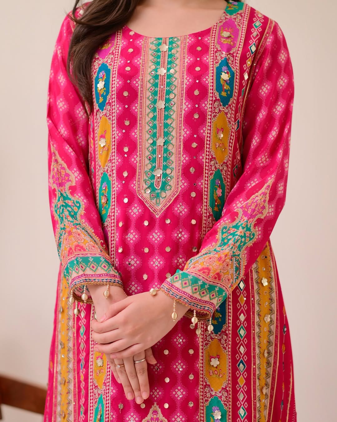 Pink chinon silk kurta palazzo and dupatta set with printed and kodi work