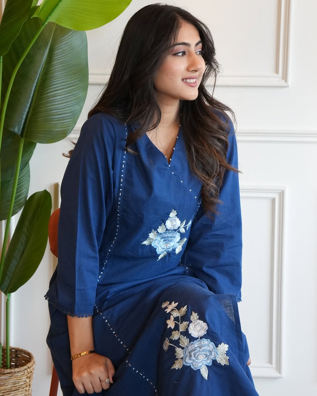 Navy blue linen cotton kurta and pent set with embroidery work