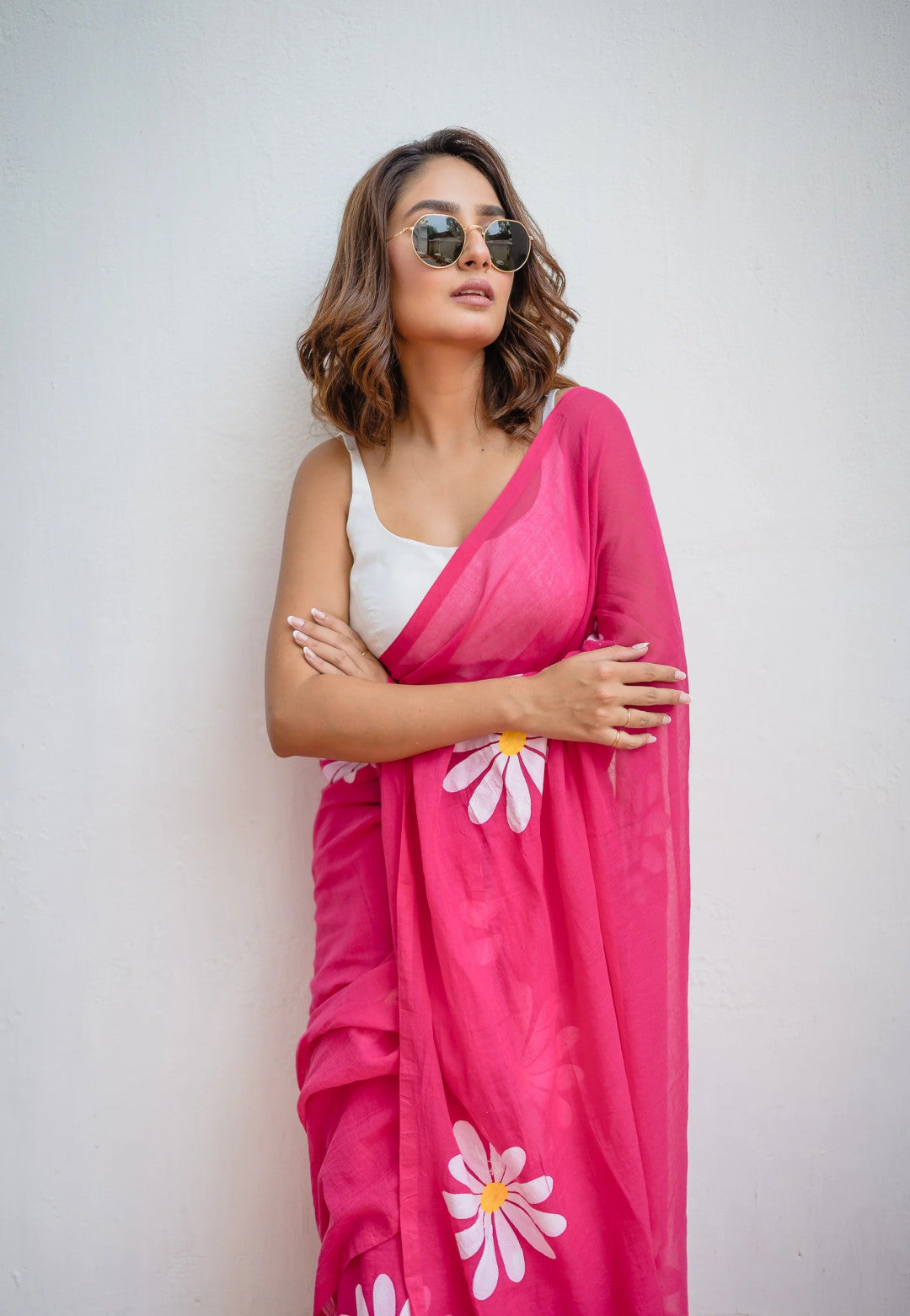 Pink fancy khadi cotton saree with flower printed work
