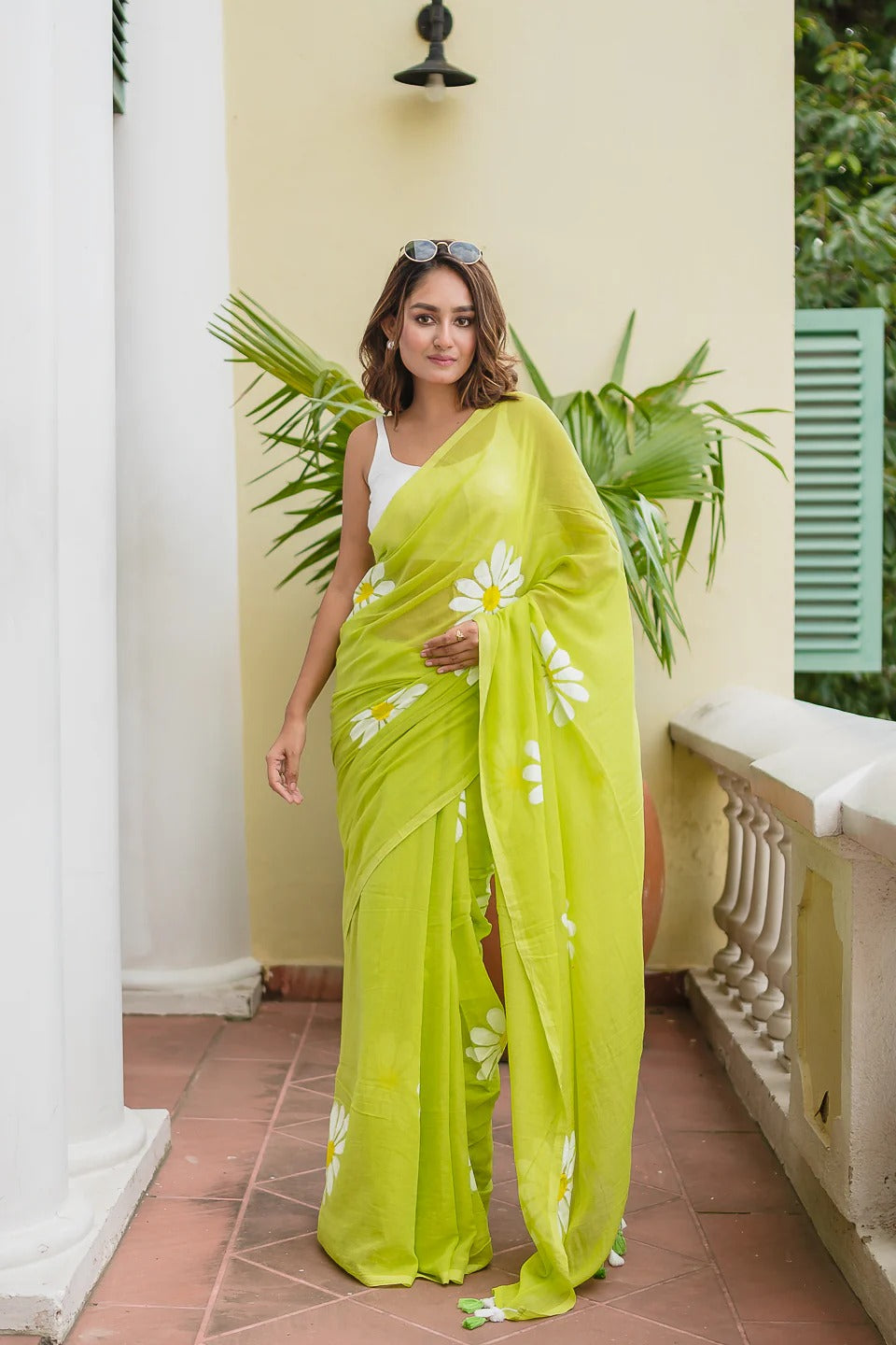 Parrot green fancy khadi cotton saree with flower printed work