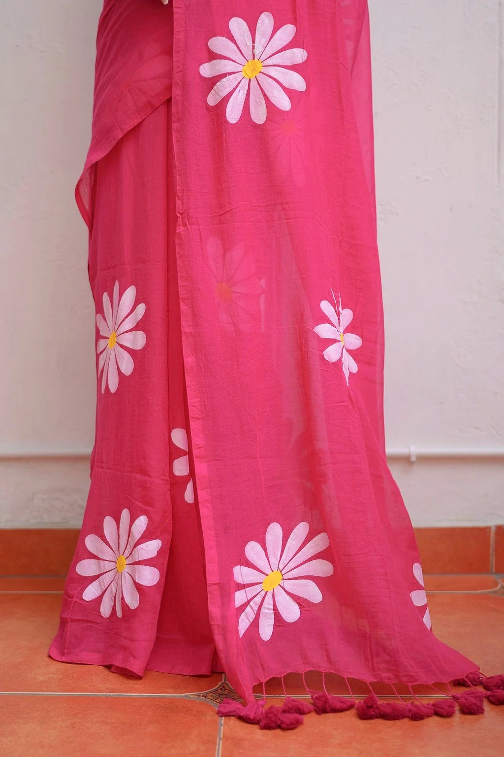 Pink fancy khadi cotton saree with flower printed work