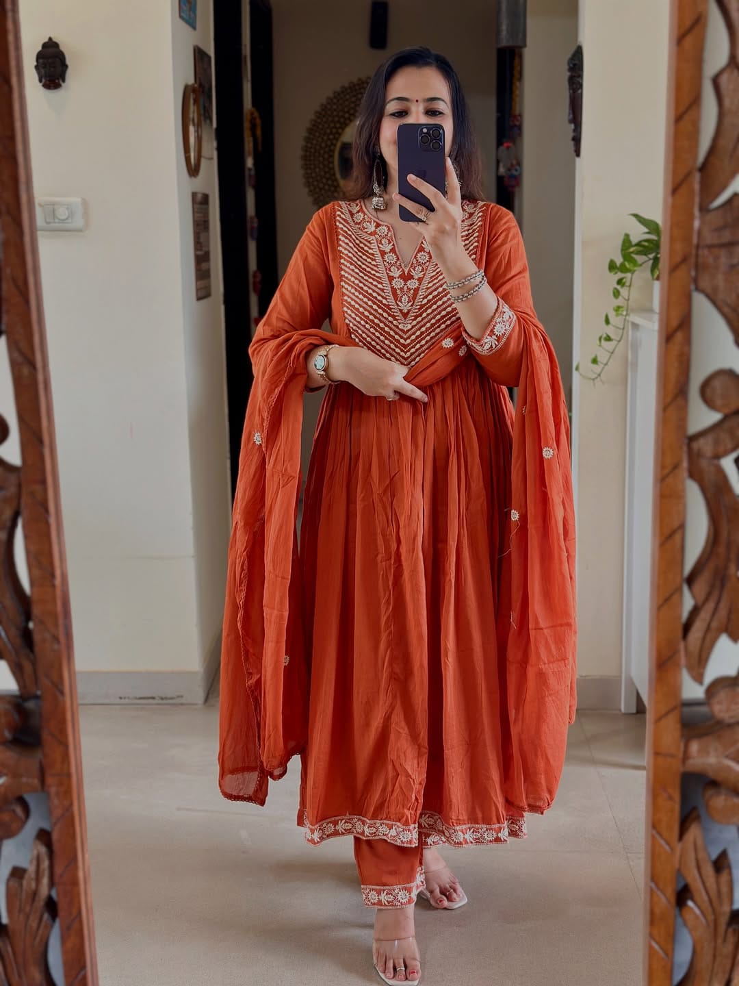 Orange soft cotton kurta and pant set with embroidery work dupatta