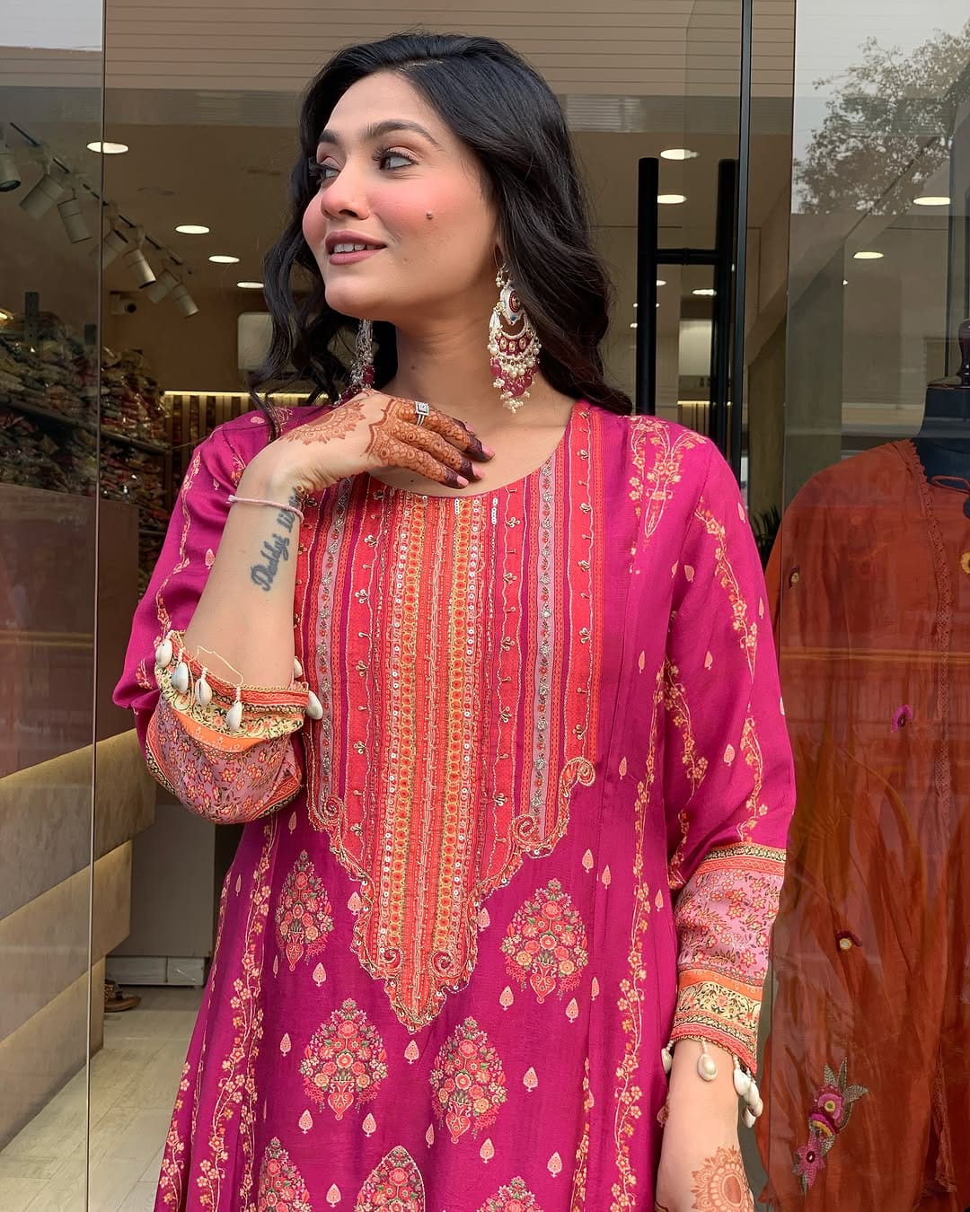Pink chinon silk kurta palazzo and dupatta set with printed and kodi work