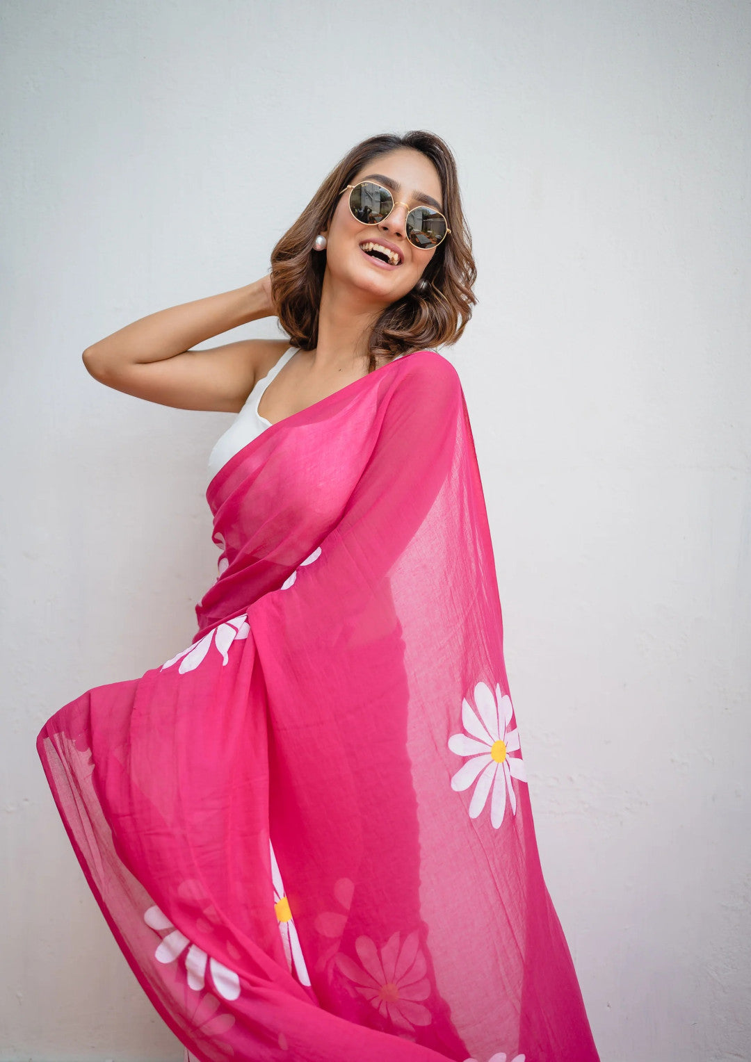 Pink fancy khadi cotton saree with flower printed work