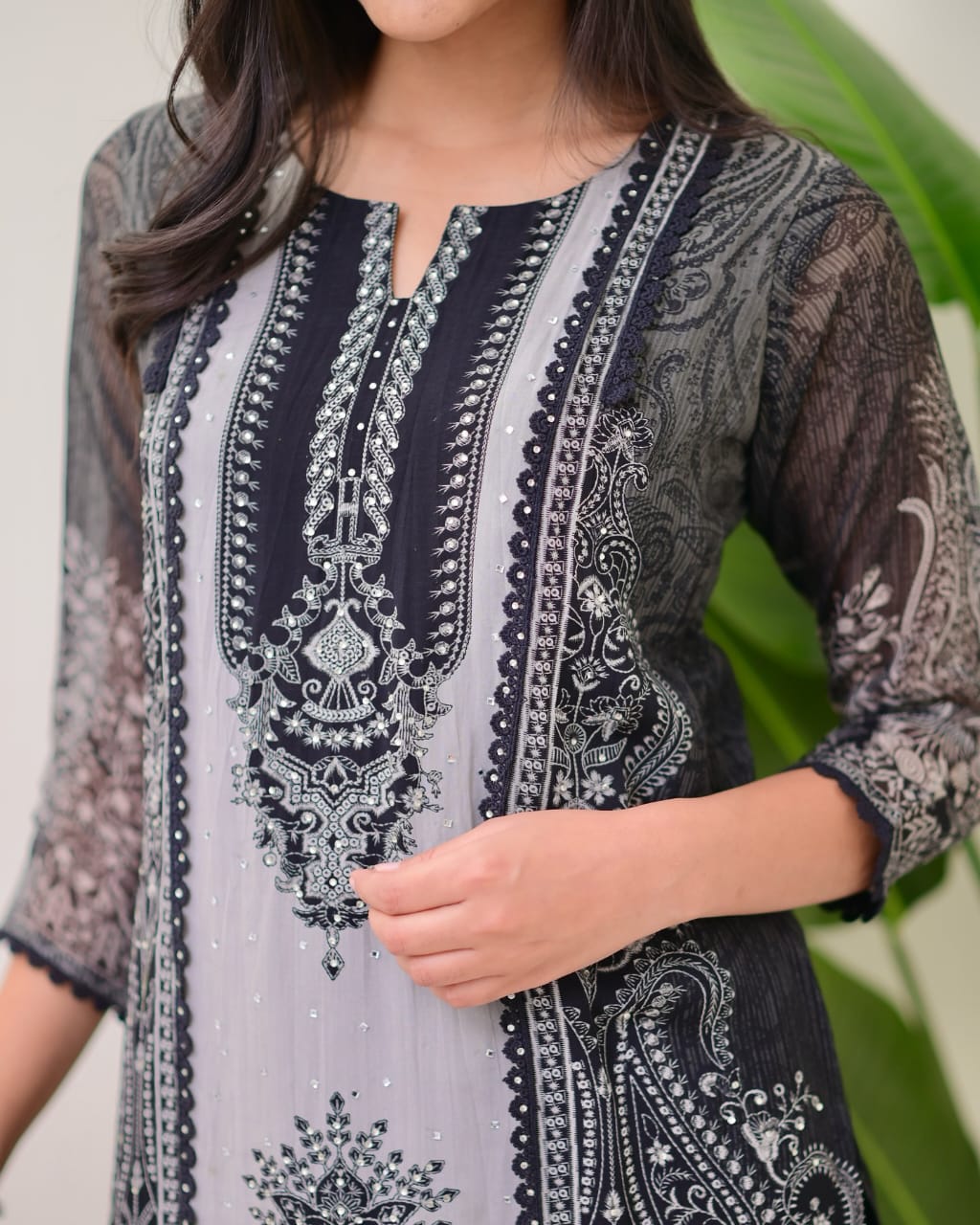 Black organza silk kurta and pent set with dupatta thread and sequence work