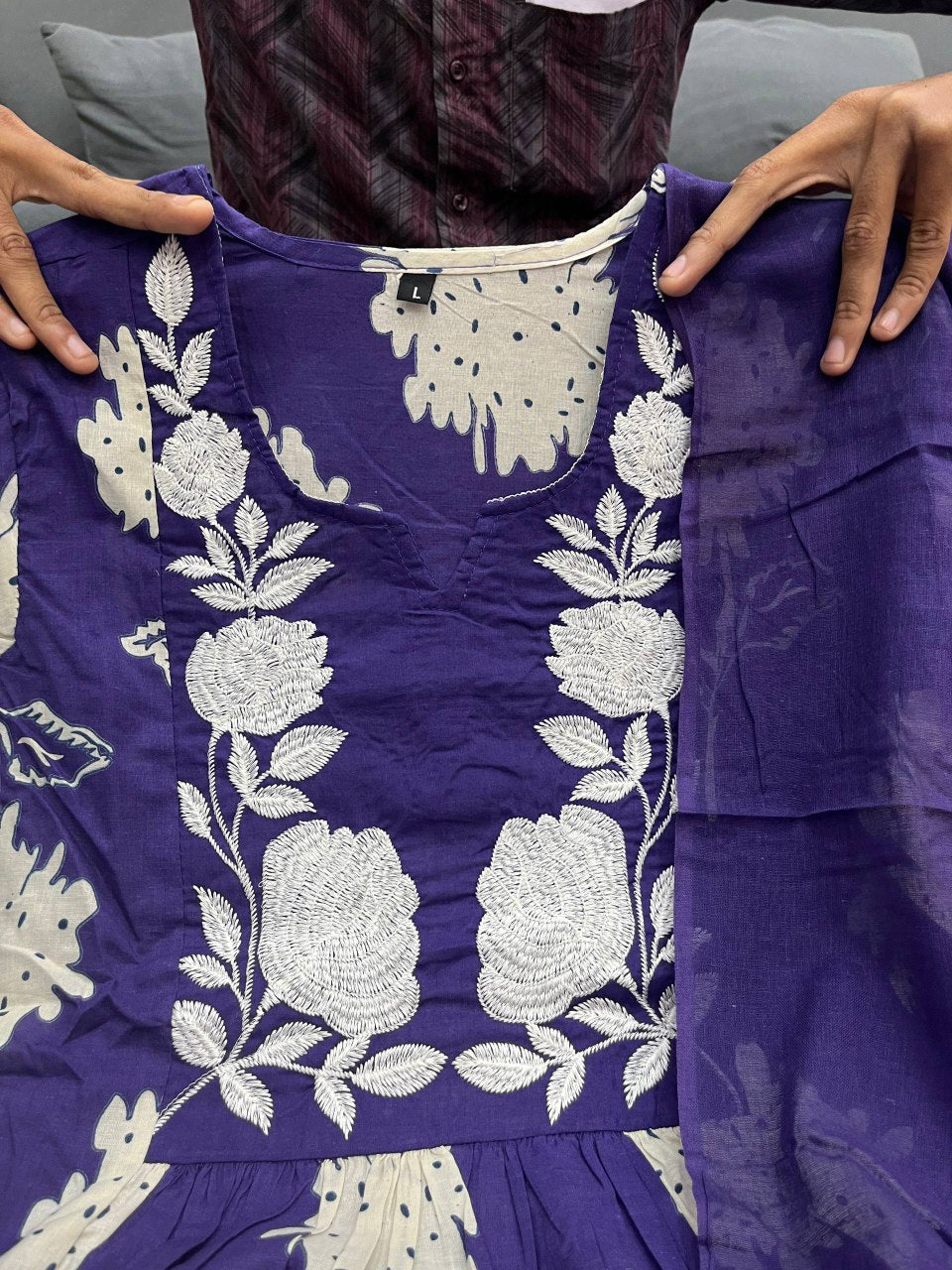 Purple soft mul cotton kurta and pant set with embroidery work dupatta