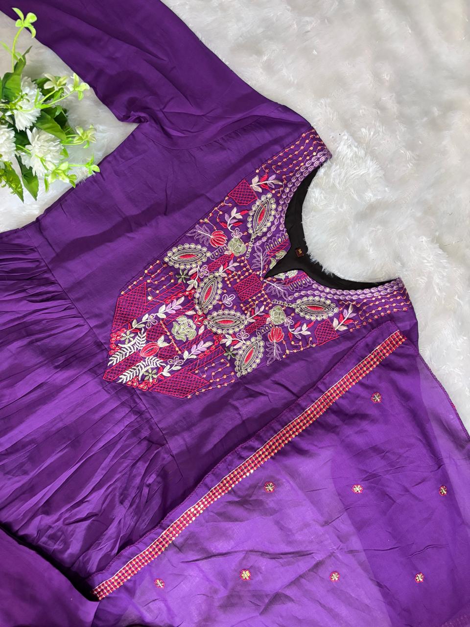 Purple soft mul cotton kurta and dupatta with embroidery work