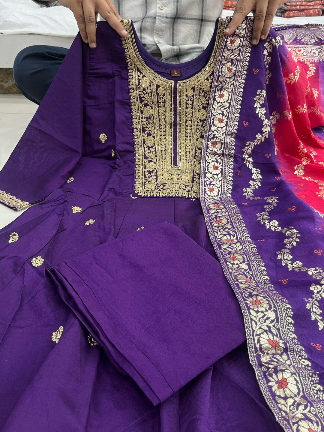 Purple soft banarasi silk kurta pant and dupatta set with zari weaving work