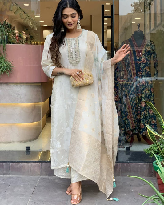 White soft cotton kurta and pent set with weaving work dupatta