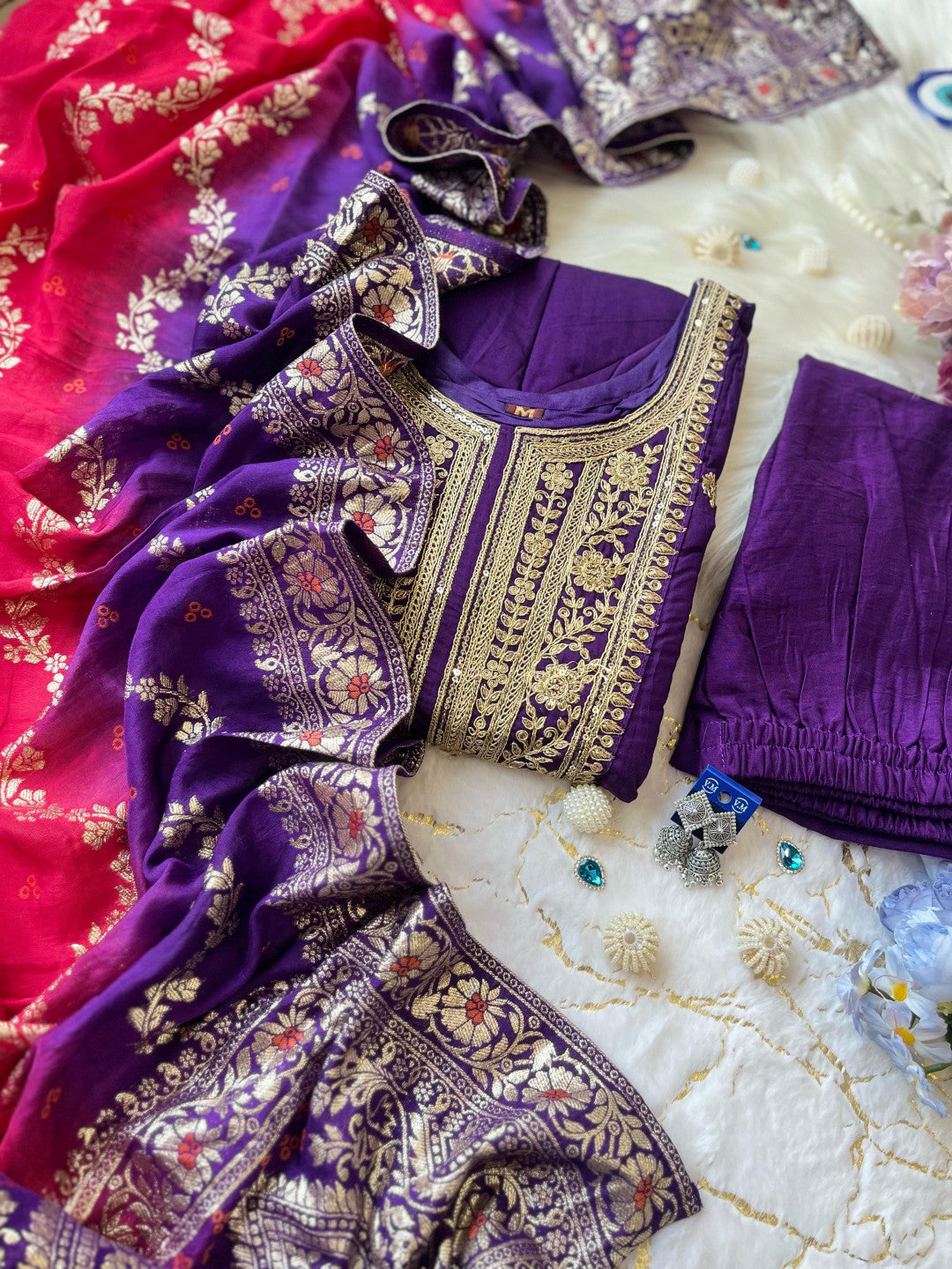 Purple soft banarasi silk kurta pant and dupatta set with zari weaving work