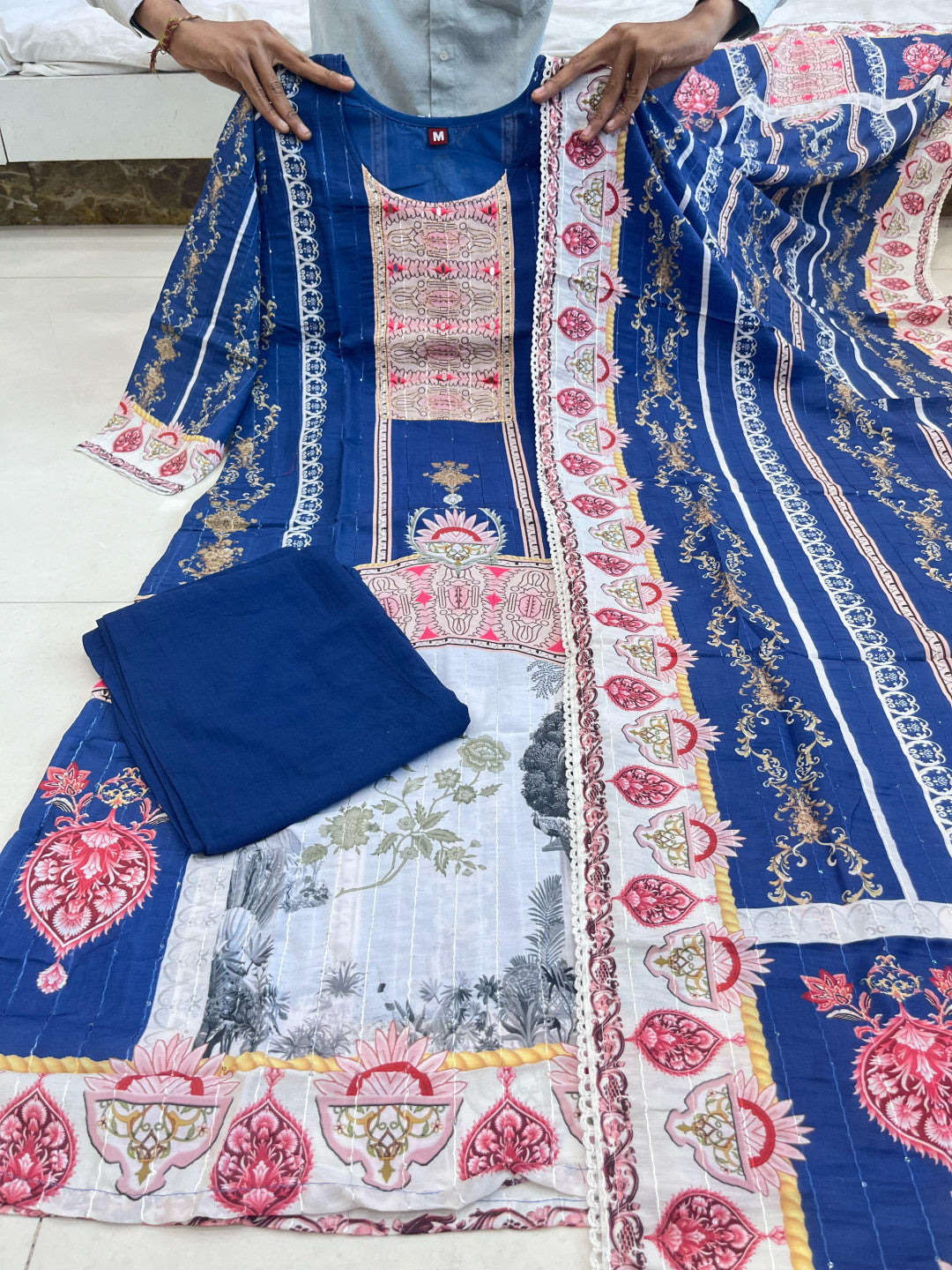 Navy blue muslin silk kurta and pent set with printed and embroidery work dupatta