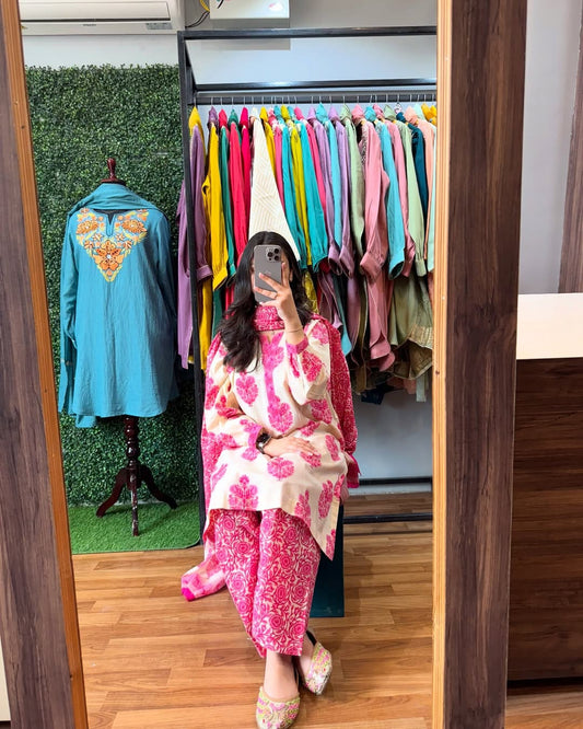 Pink soft mul cotton kurta and pant set with printed work dupatta