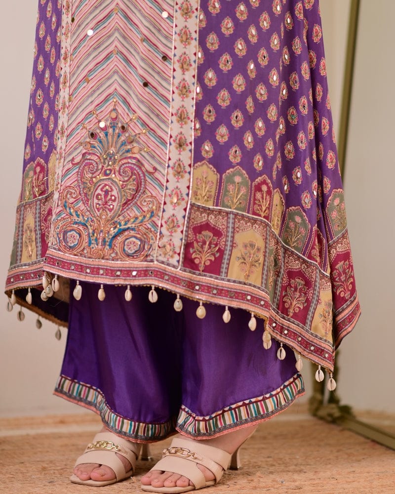 Beige and purple chinon silk kurta palazzo and dupatta set with printed and kodi work