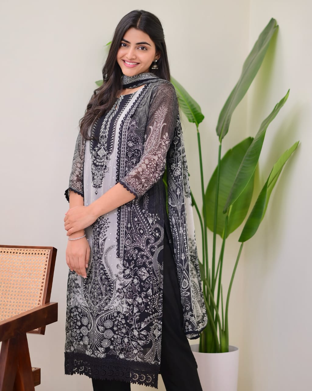 Black organza silk kurta and pent set with dupatta thread and sequence work