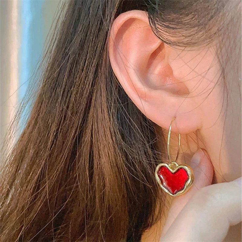Trendy wine red heart earrings