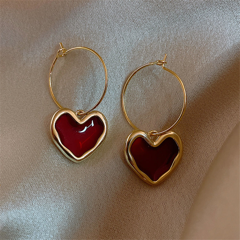 Trendy wine red heart earrings