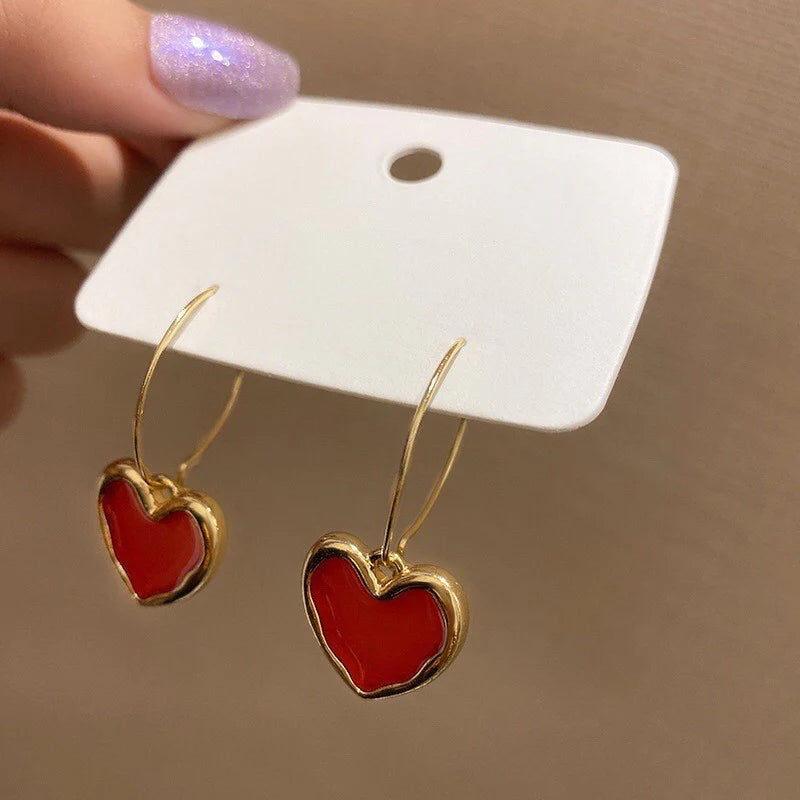Trendy wine red heart earrings