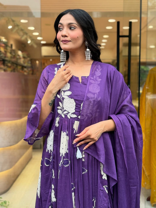 Purple soft mul cotton kurta and pant set with embroidery work dupatta