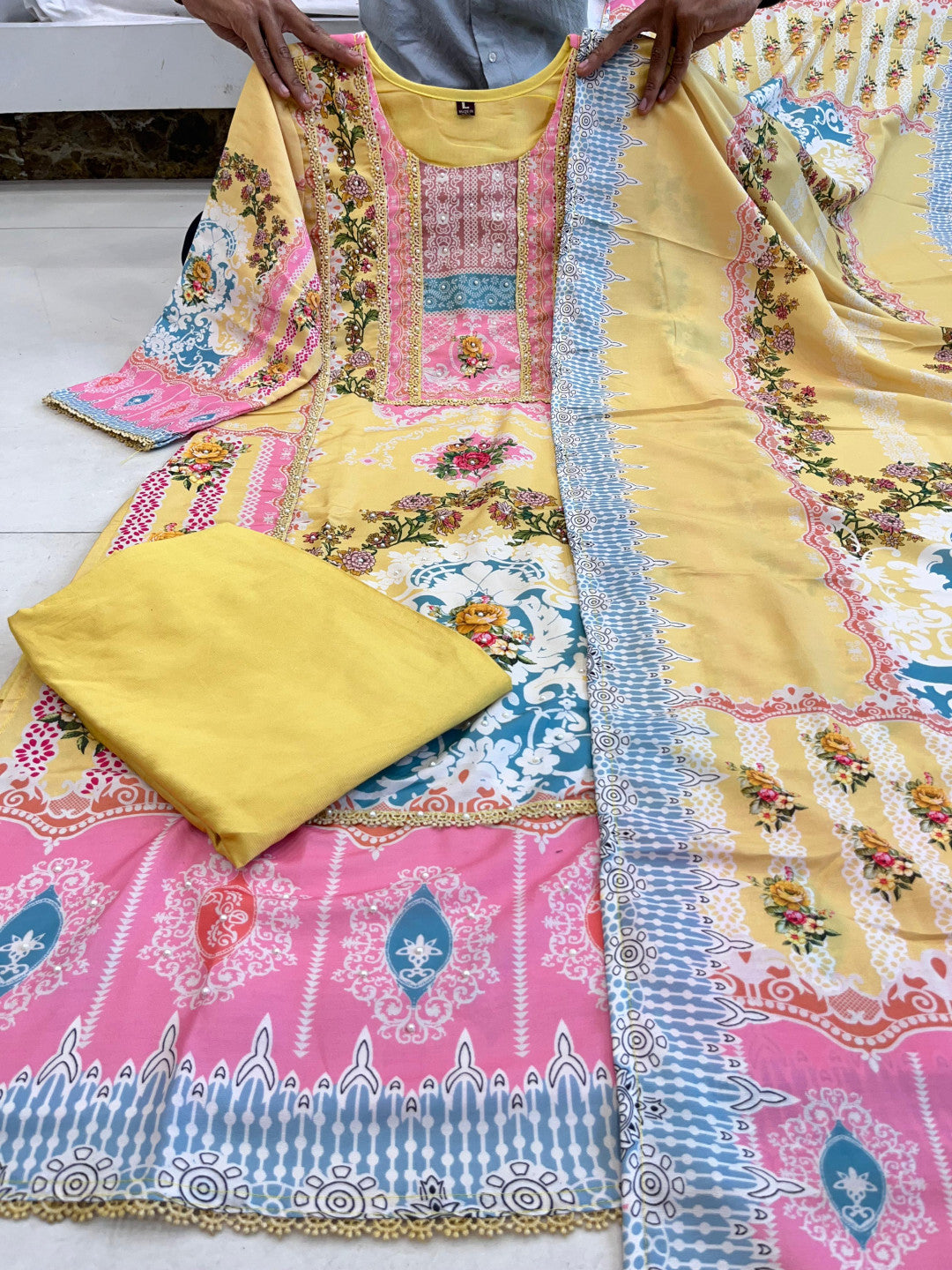 Yellow loom cotton kurta and pent set with digital printed and hand work dupatta