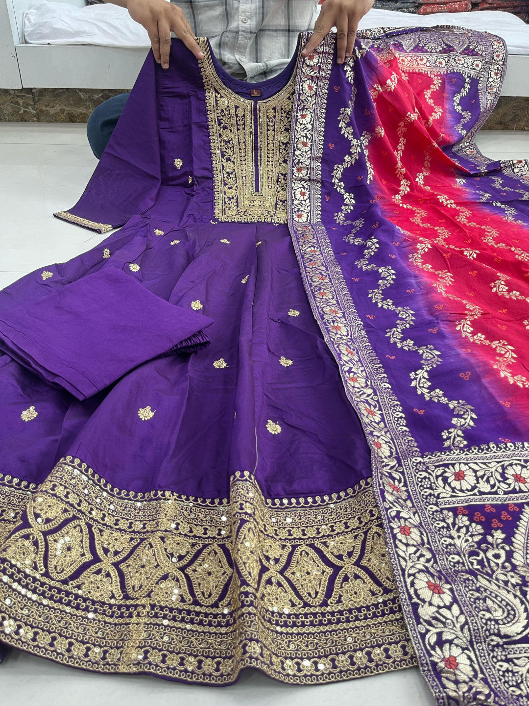 Purple soft banarasi silk kurta pant and dupatta set with zari weaving work