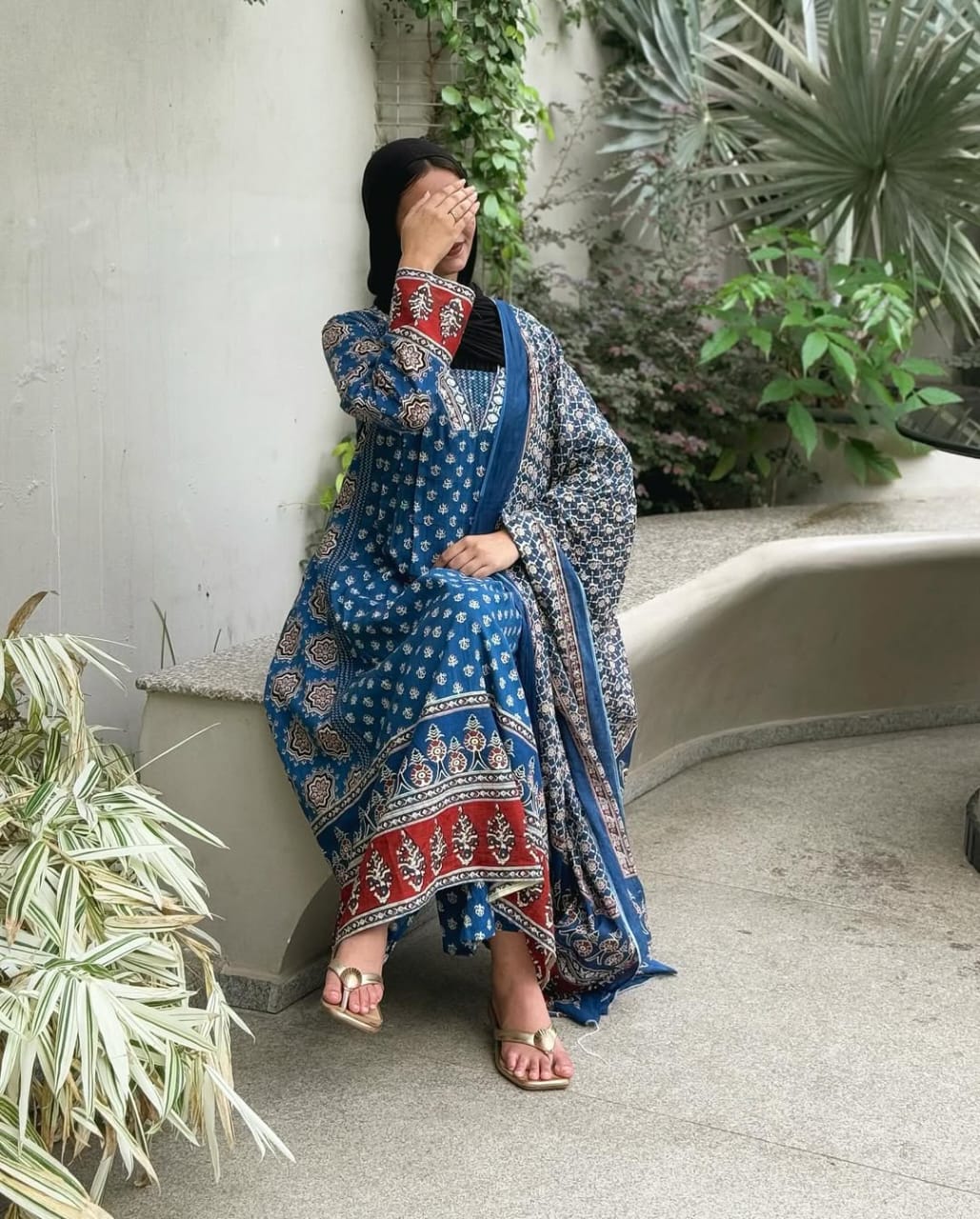 Blue soft mul cotton kurta and pant set with printed work dupatta
