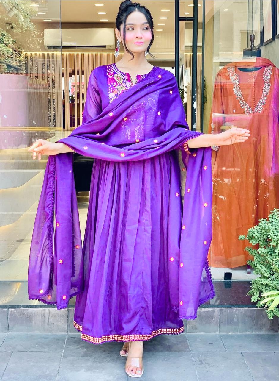 Purple soft mul cotton kurta and dupatta with embroidery work