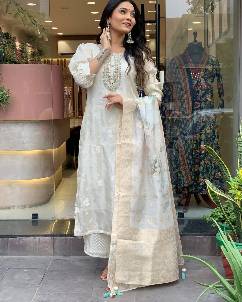 White soft cotton kurta and pent set with weaving work dupatta
