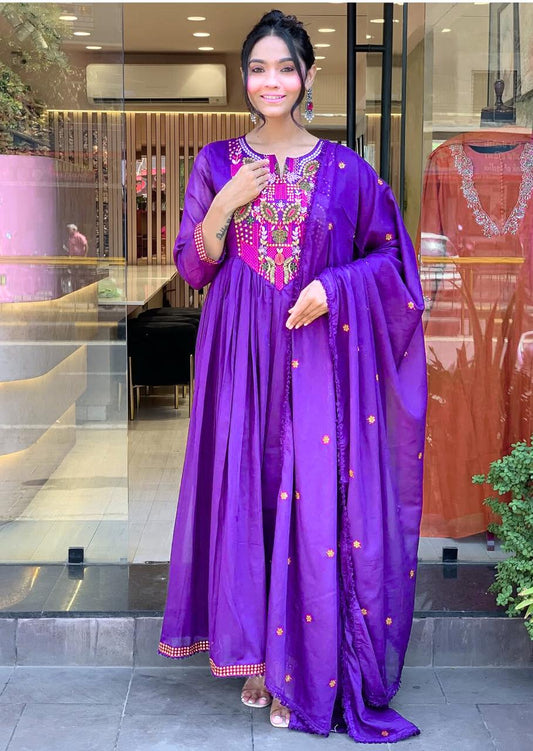 Purple soft mul cotton kurta and dupatta with embroidery work
