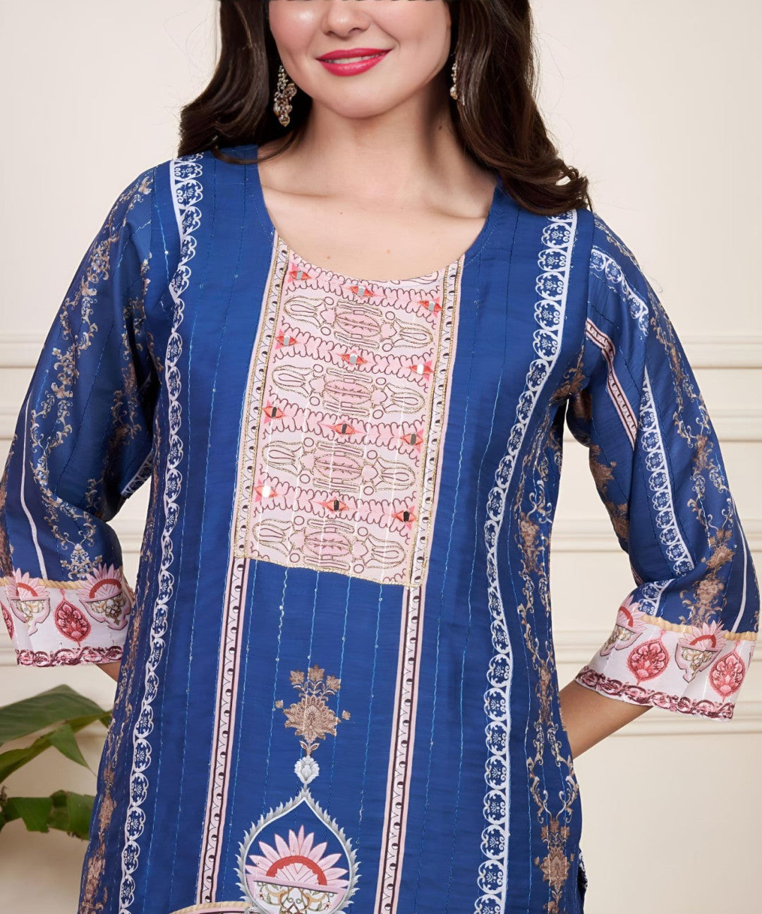 Navy blue muslin silk kurta and pent set with printed and embroidery work dupatta