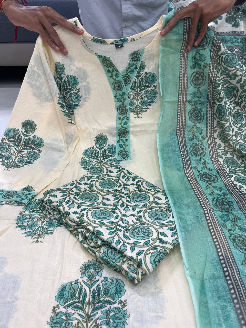 Sea green soft mul cotton kurta and pant set with printed work dupatta
