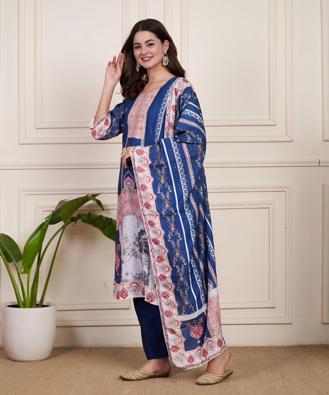 Navy blue muslin silk kurta and pent set with printed and embroidery work dupatta